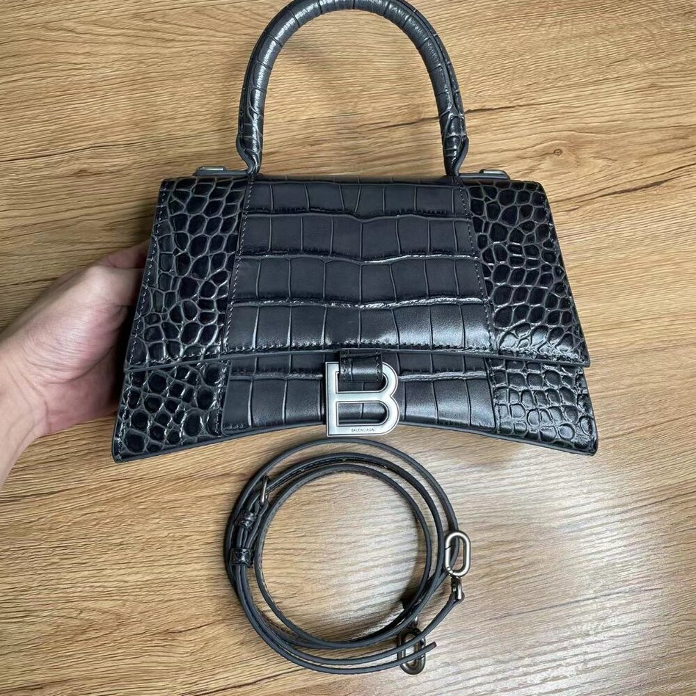 Balenciaga HOURGLASS SMALL HANDBAG CROCODILE EMBOSSED IN BLACK